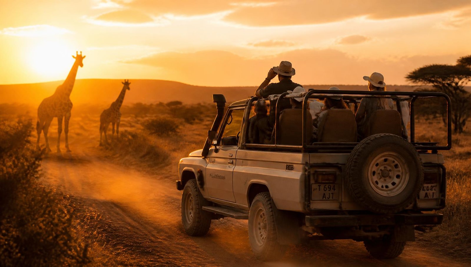 Safari 4x4 Land Cruiser on a dusty track at sunset with giraffes ahead