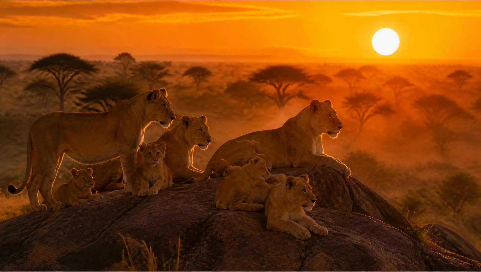 Pride of lions on a rocky outcrop at sunset in the Maasai Mara