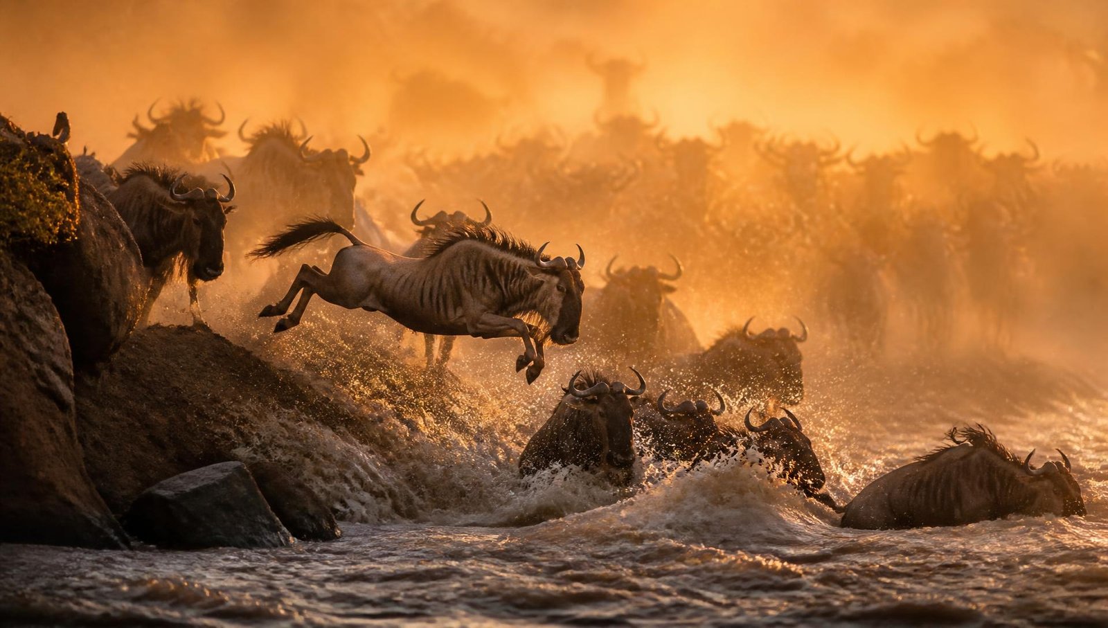 Wildebeest crossing a river at golden hour during the great migration in the Serengeti