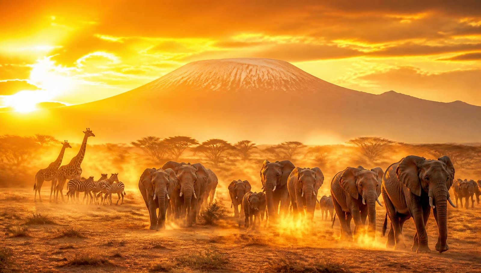 Elephant herd, zebras and giraffes moving through glowing orange dust at sunset in Amboseli, with Mount Kilimanjaro behind